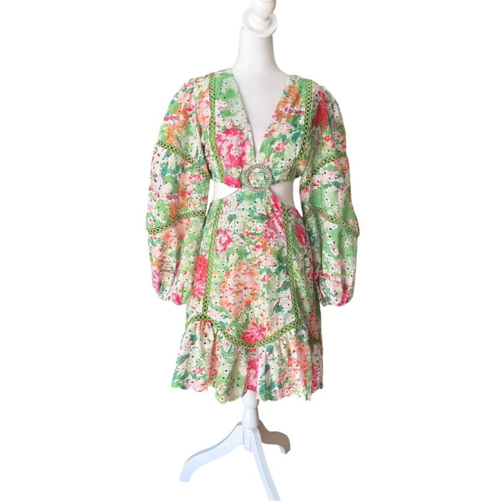 Queenia Floral Eyelet Puff Sleeve Cut Out Mini Dress Womens Size Medium NEW